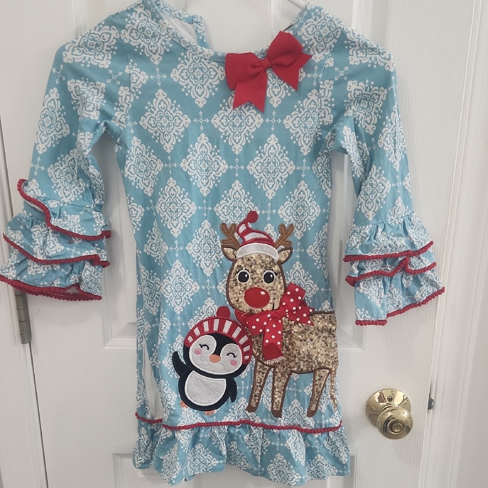 Blue Holiday Dress with Reindeer and Penguin